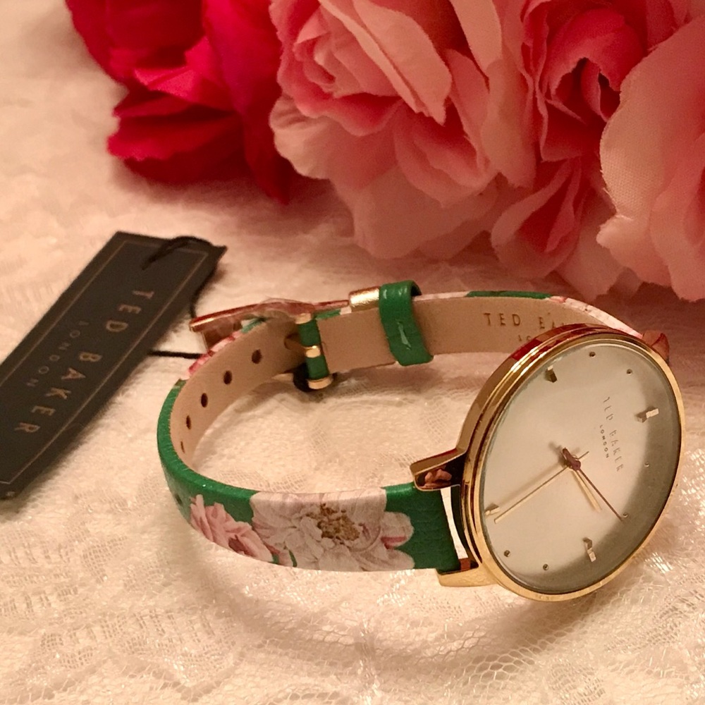 Ted Baker Floral Green Textured Leather Band Watch